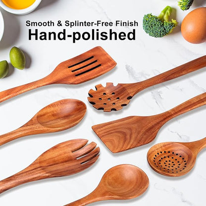 7 Pcs Teak Wood Kitchen Utensils Set Non Toxic BPA Free Cooking Tools with Spatula, Slotted Spatulas, Wooden Skimmer Spoons, Pasta Spoon, Mixing, Salad Fork & Spoons for Nonstick Cookware