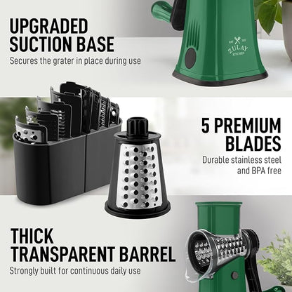 Zulay Kitchen Rotary Cheese Grater 5 Blade Cheese Shredder - Manual Hand Crank Cheese Grater With Reinforced Suction & 5 Interchangeable Drums - Easy to Use, Vegetable Chopper Round Mandoline Slicer