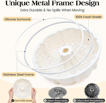 Vinino 9.6" Silicone Fluted Tube Cake Pans with Metal Reinforced Frame, 2 Packs Pound Cake Pan Mold, BPA Free Silicone Cake Pans for Bread, Jello, Gelatin, Flan