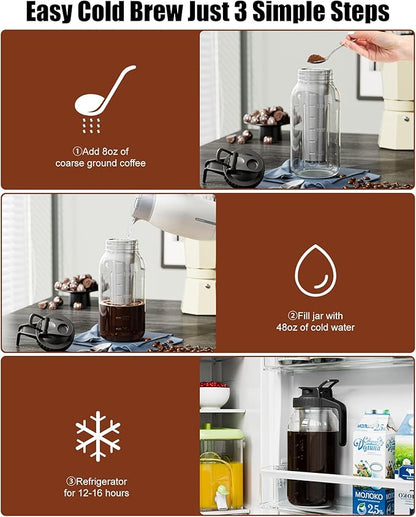 2-Pack Cold Brew Coffee Maker - 64oz Mason Jar Pitcher with Stainless Steel Filter, Spout Lid for Iced Coffee, Tea, Lemonade & Fruit Drinks