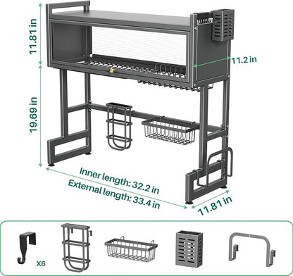 Over The Sink Dish Drying Rack with Cover, Over The Sink Dish Drainer Drying Rack 3 Tier Dish Rack, Keep Kitchen Sink Shlef Organized Space-Saving for Dishes and Cutlery (Matte Gray, 33.4" Length)