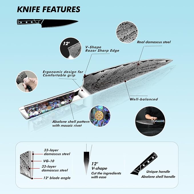 FANTECK Chef Knife 8 Inch,Damascus Japanese Professional High Carbon 67-layers VG10 Kitchen Cooking Knife,Super Sharp Stainless Steel Chef Knives with Full Tang Abalone Shell Handle-Walnut Wood Cover