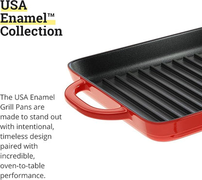 Lodge 12.5 x 8 Inch Enamel Cast Iron Grill Pan - Dual Assist Handles - Use in the Oven, on the Stove, on the Grill, or Over a Campfire - Red