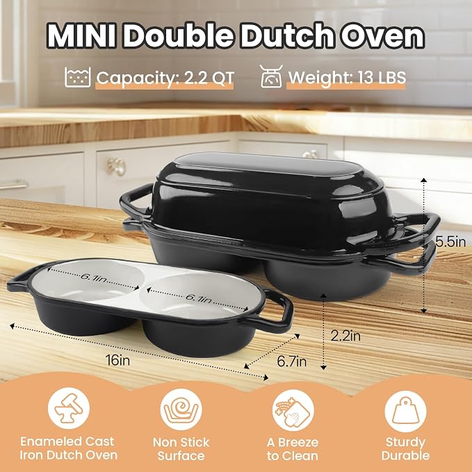 YONILL Mini Double Dutch Oven for Sourdough Bread Baking - Enameled Cast Iron Dutch Oven Pot with Lid and 5" Banneton Bread Proofing Basket Kit, Dual Round Bread Loaf Pan for Homemade Baking