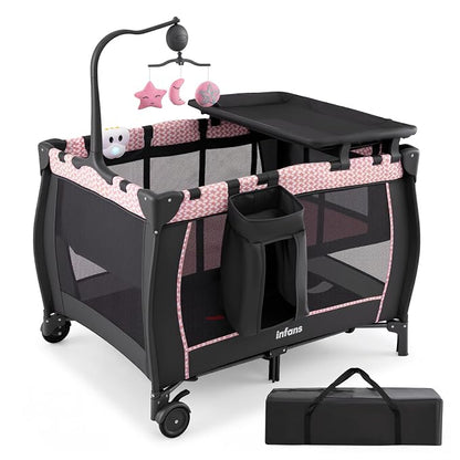 INFANS 3 in 1 Pack and Play, Portable Travel Baby Bassinet with Detachable Mattress, Changing Table, Foldable Playpen with Carry Bag, 2 Wheels (Pink Stripes)