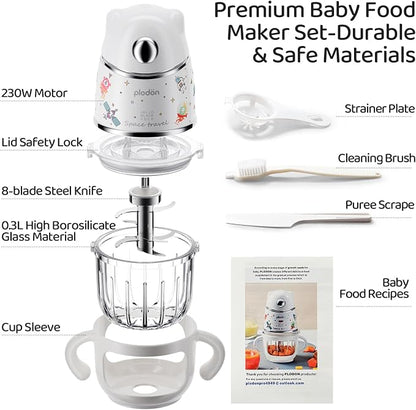 Baby Food Maker, 10oz Glass Baby Puree Blender with Cup Sleeve for Fruit,Vegatable&Meat, 316 Stainless Steel 8-Blade Mini Baby Food Processor with Brush,Strainer Plate&Spatula, Silver (35000RPM)