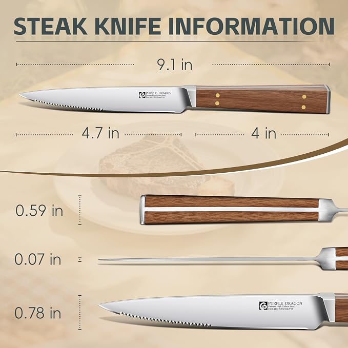 Purple Dragon Serrated Steak Knives Set of 4 - High Carbon German Steel Steak Knife Set with Square Wooden Handle - Effortless Cutting - Christmas Gift for Men and Women