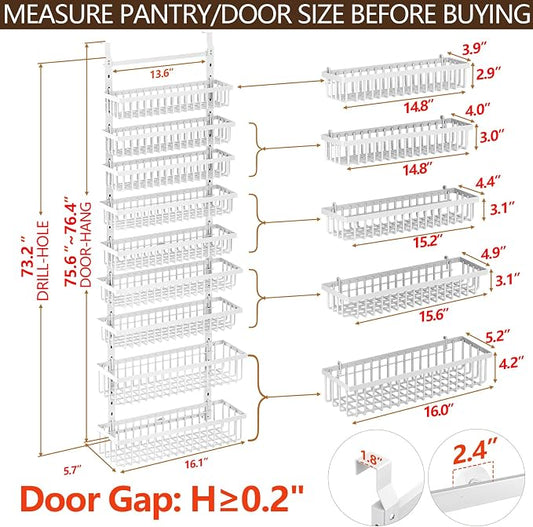 POKIPO 9 Tier Over The Door Pantry Organizer, 2 in 1 Wall Mount or Hanging Spice Rack with Adjustable Deep Basket, Heavy-Duty Seasoning Organizer and Storage for Kitchen Cabinet Closet Bathroom