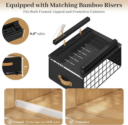 Pull Out Cabinet Organizer, No-Drill Pantry Drawers, Slide Out Shelves with Bamboo Risers for Lipped Cabinets,Ideal for Kitchen, Bathroom & Under Sink Storage (Black, 11.8" Wide-15.7" Deep)