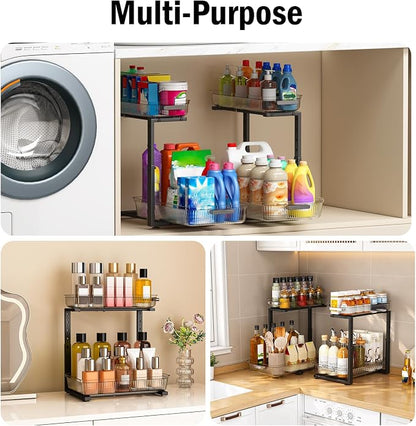 ARSTPEOE 2 Pack Double Sliding Under Sink Organizers and Storage,Two Tier Bathroom Storage and organization,Under Cabinet Organizer, Clear