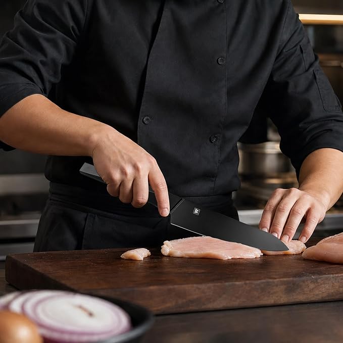 7 Inch Japanese Chef Knife, Made in Japan, High Carbon Molybdenum Stainless Steel Gyuto Knife with Black Non-stick Coating, Kitchen Knife for Vegetable & Meat Cutting, Men's Gift