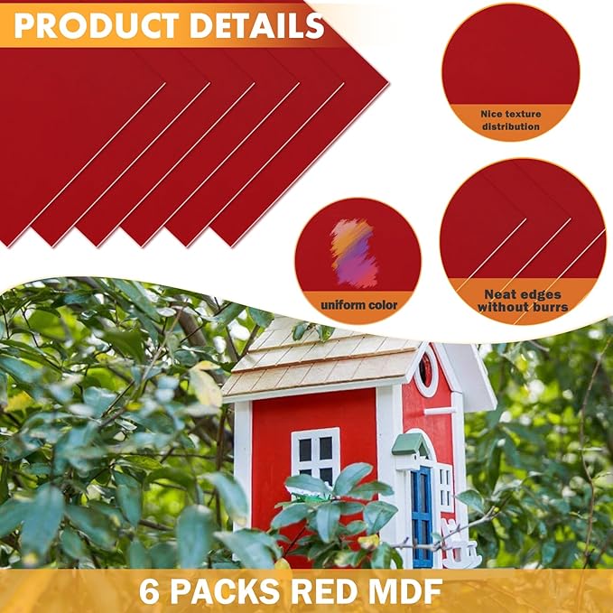 6 Pack Colored MDF Boards for Laser Engraving, 12x12x1/8 (3mm) Unfinished Fiberboard for Laser Cutting, DIY Craft Projects, Home Decor, Sign Making, Woodworking (Red)