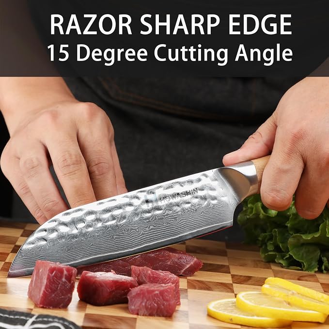 Damascus Santoku Knife 6.5 Inch Professiona Kitchen Knives VG-10 Damascus Steel Ultra-Sharp Santoku Japanese Chef Knife with Ergonomic Olive Wood Handle -Gift Box for Family & Restaurant