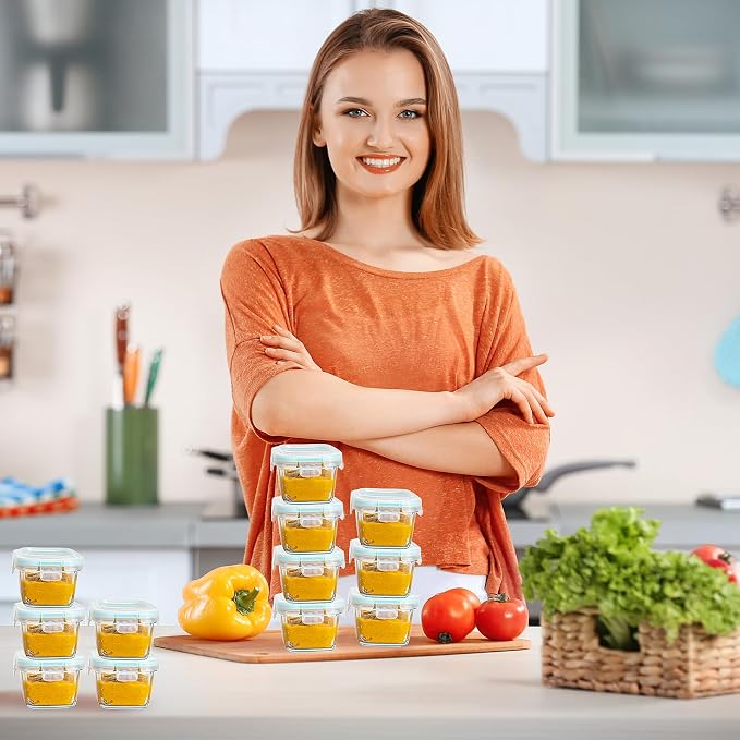 Mini Glass Food Storage Containers - 12 Pack 5.4 oz Small Glass Jars with Locking Lids - Square Food Containers - Microwave Dishwasher Safe