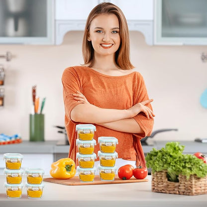 Mini Glass Food Storage Containers - 12 Pack 5.4 oz Small Glass Jars with Locking Lids - Square Food Containers - Microwave Dishwasher Safe