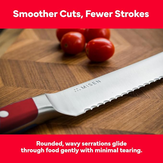 Misen Serrated Bread Knife - High-Carbon Japanese AUS8 Steel - Perfect for Soft Foods, Bread, Pastries, and Fruits - Verstatile Slicer, Razor-Sharp Edge, Durable Blade, Ergonomic Handle - 8", Red
