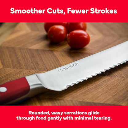 Misen Serrated Bread Knife - High-Carbon Japanese AUS8 Steel - Perfect for Soft Foods, Bread, Pastries, and Fruits - Verstatile Slicer, Razor-Sharp Edge, Durable Blade, Ergonomic Handle - 8", Red