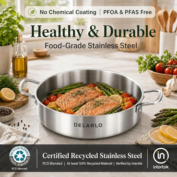 DELARLO Stainless Steel Pans,6QT Saute Pan,12 inch Everyday Pan with Lid,Dishwasher-Friendly Braiser,Stay-Cool Handles,Oven-Safe Up to 660℉