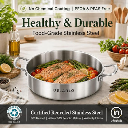 DELARLO Tri-Ply Stainless Steel 10 Inch Frying Pan 3QT Saute Pan With Lid Kitchen Skillets Induction Compatible Chef Cooking Pan Dishwasher & Oven Safe