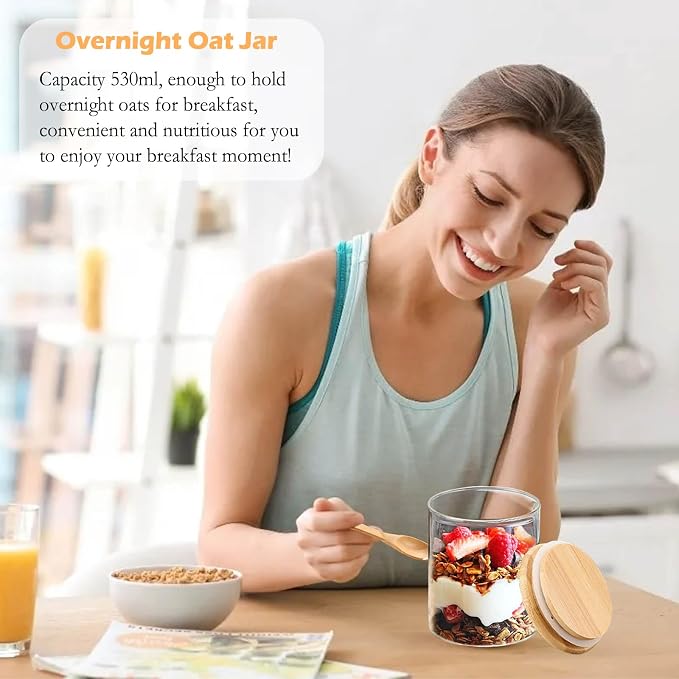 Yalucky Spice Jars, Overnight Oats Containers with Airtight Lid and Spoon, Decorative Kitchen Canisters Set, Glass Storage Containers for Coffee, Tea, Sugar, Spice, Bath Salt, 18Oz/530ML (3PCS)