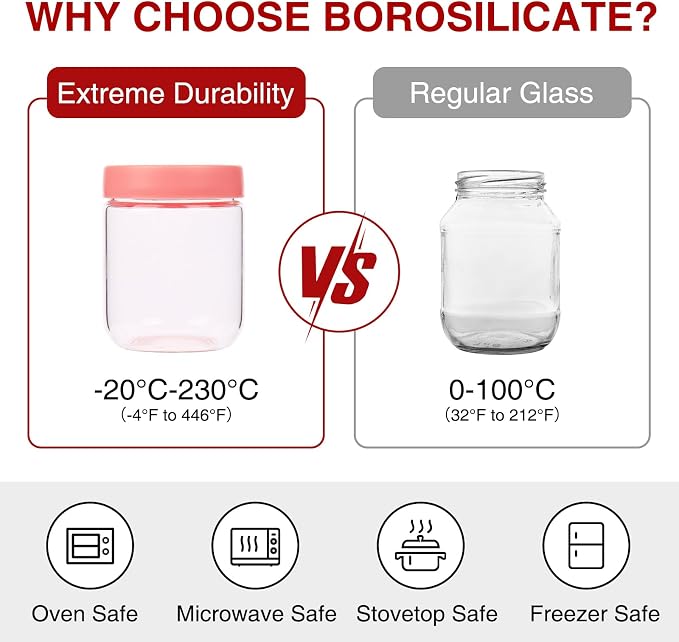 6 Pack 16oz Borosilicate Glass Meal Prep Jars with Airtight Lids - Leak & Spill Proof, Wide Mouth, BPA-Free - Freezer to Oven Safe for Soup, Bone Broth, Overnight Oats