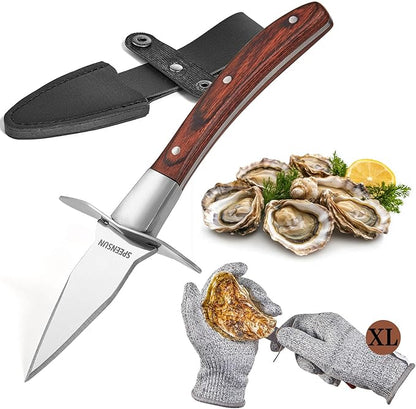 Oyster Shucking Kit, Sturdy Sharpness Oyster Knife And Glove Set With Comfort Wood-handle, Shucking Knife With 5-leve Protection Cut-resistant Glove(XL), with Leather Case Prevents Damaged