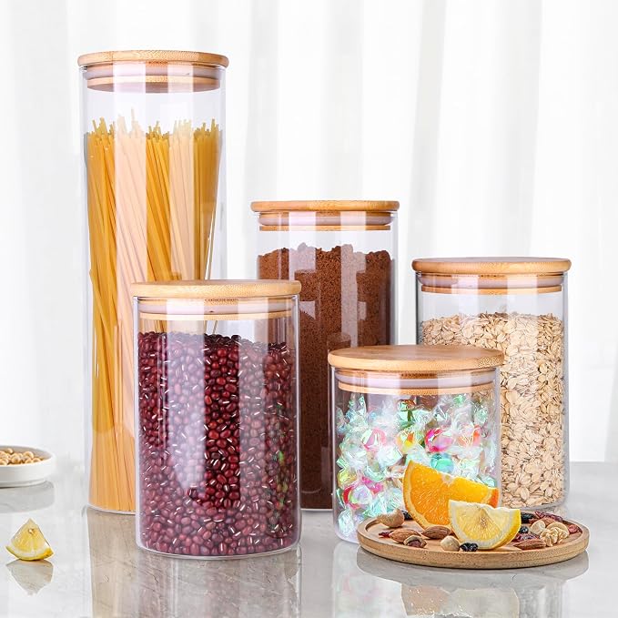 Glass Food Storage Jars, Food Containers with Airtight Bamboo Lids for Pasta, Cookies, Nuts, Coffee Beans, Cereal, Glass Canisters for Kitchen, Pantry Organization,Set of 5
