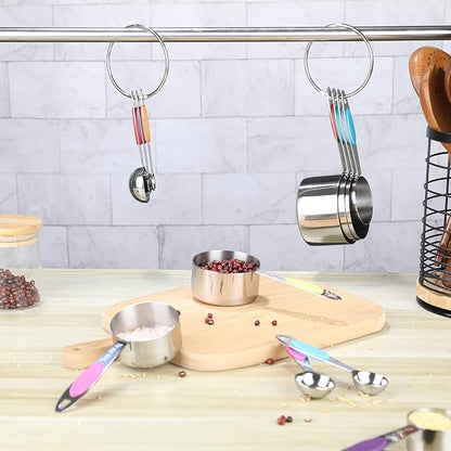 Magnetic Measuring Cups and Spoons Set, 12 Piece Stainless Steel Measuring Cups and Spoons Set, Nesting Kitchen Gadgets with Removable Clasp for Cooking & Baking (Colorful)