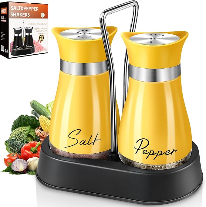 Salt and Pepper Shakers, Farmhouse Salt and Pepper Shakers Set with Holder, electroplated Handle, 4 oz Stainless Steel Glass Bottle Dispenser, for Table, RV, Camp, BBQ (Yellow)