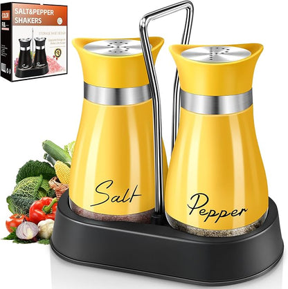Salt and Pepper Shakers, Farmhouse Salt and Pepper Shakers Set with Holder, electroplated Handle, 4 oz Stainless Steel Glass Bottle Dispenser, for Table, RV, Camp, BBQ (Yellow)