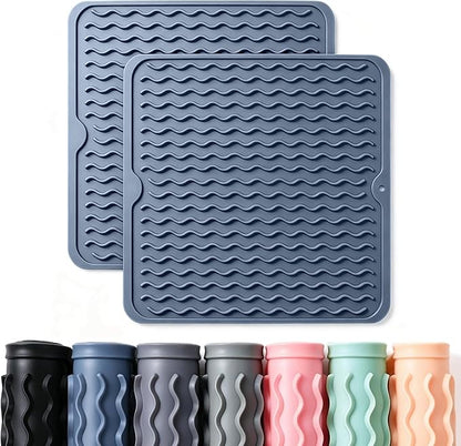 CAKETIME 2 Pack Silicone Dish Drying Mat for Kitchen Counter Multiple Usage for Baking Cooking Grilling Under Sink Office Coffee Accessories Apartment Appliances Pioneer Woman Stuff 12"x12" Blue