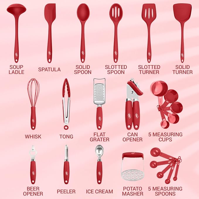 Kaluns Silicone Kitchen Utensils Set 24 Pcs Cooking Utensils Set - Can Opener, Masher, Turner, Spatula 446°F Heat Resistant Non-Stick - Premium Silicone and Stainless Steel Utensil Set