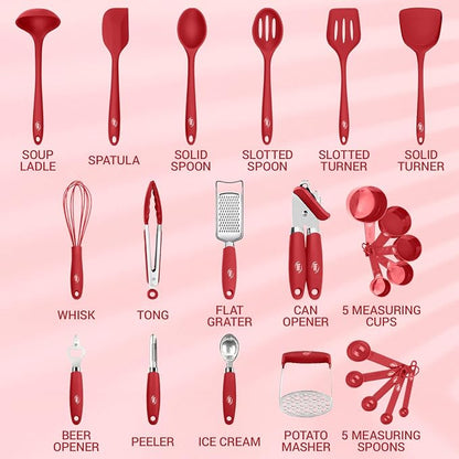 Kaluns Silicone Kitchen Utensils Set 24 Pcs Cooking Utensils Set - Can Opener, Masher, Turner, Spatula 446°F Heat Resistant Non-Stick - Premium Silicone and Stainless Steel Utensil Set