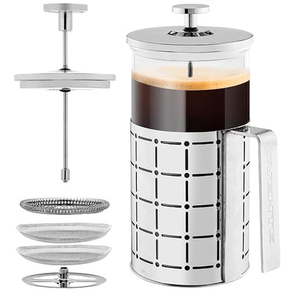 OVENTE French Press Coffee Maker 34 Ounce with Heat Resistant Borosilicate Glass, Stainless Steel Design and 4-Level Filter System, Portable Cold Brewer Pot for Travel, Camping or Gift, Silver FSS34P