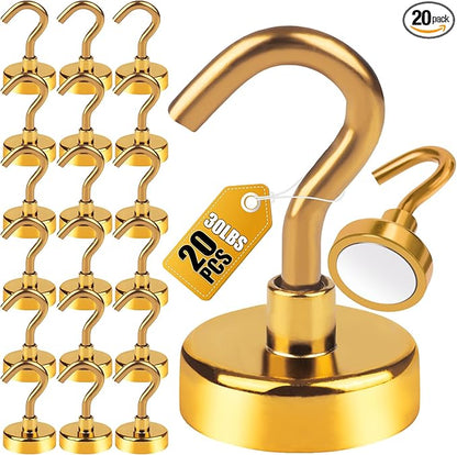 DIYMAG Magnetic Hooks Gold, 30Lbs Strong Heavy Duty Cruise Magnet S-Hook for Classroom, Fridge, Hanging, Cabins, Grill, Kitchen, Garage, Workplace and Office Etc, (20 Pack)