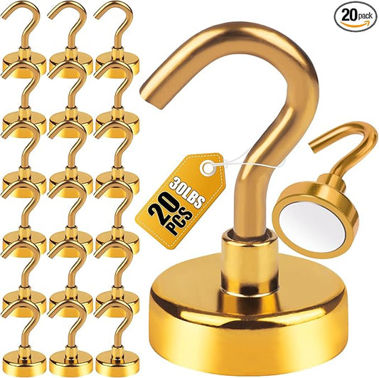 DIYMAG Magnetic Hooks Gold, 30Lbs Strong Heavy Duty Cruise Magnet S-Hook for Classroom, Fridge, Hanging, Cabins, Grill, Kitchen, Garage, Workplace and Office Etc, (20 Pack)