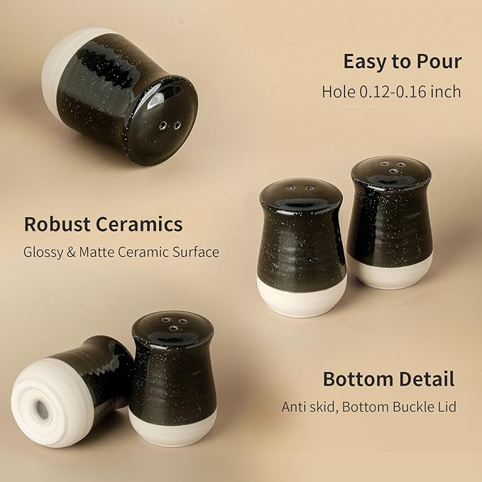 Hasense Salt and Pepper Shakers Set, Ceramic Salt Pepper Shaker for Kitchen, Black Farmhouse Decor Salt Container, Perfect for Cooking, Dining, Camping, BBQ