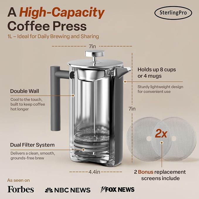 SterlingPro Small Insulated Stainless Steel French Press Coffee Maker 34oz – Insulated Metal Double Wall Coffee Maker | Plastic Free | Cool-Touch | Grey Finish | Makes up to 8 cups / 4 mugs