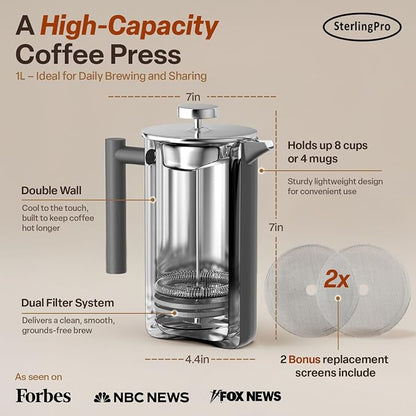 SterlingPro Small Insulated Stainless Steel French Press Coffee Maker 34oz – Insulated Metal Double Wall Coffee Maker | Plastic Free | Cool-Touch | Grey Finish | Makes up to 8 cups / 4 mugs