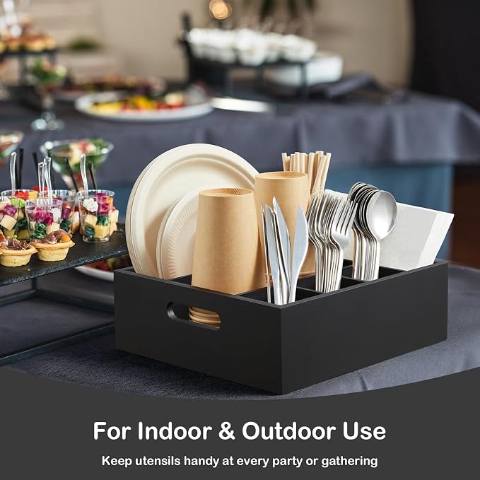 Wood Utensil Holder for Party, 6-Compartment Paper Plate Organizer with Handles, Wooden Silverware Caddy for Picnic, Camping, BBQ, Buffet, and Kitchen Countertop Organization, Black