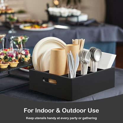 Wood Utensil Holder for Party, 6-Compartment Paper Plate Organizer with Handles, Wooden Silverware Caddy for Picnic, Camping, BBQ, Buffet, and Kitchen Countertop Organization, Black