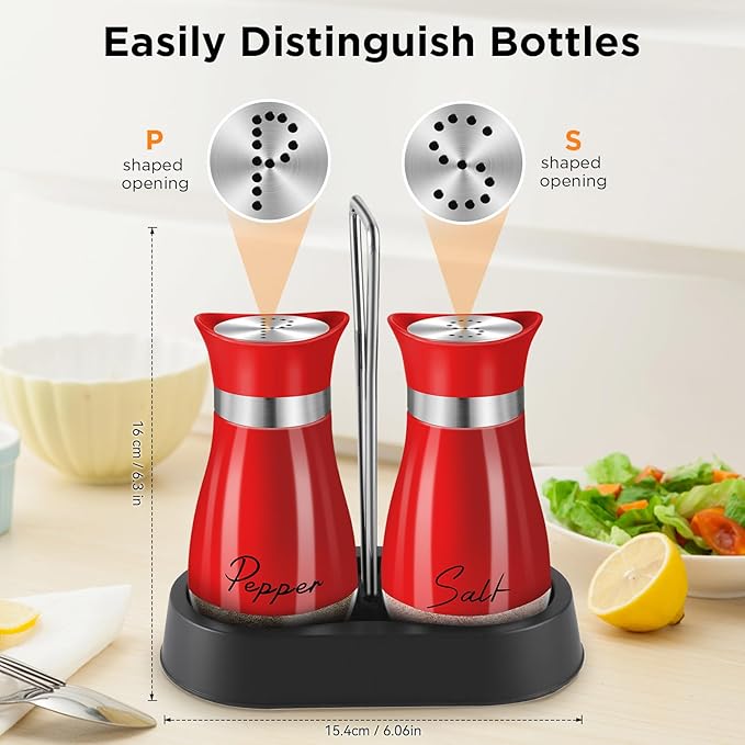 Salt and Pepper Shakers, Farmhouse Salt and Pepper Shakers Set with Holder, electroplated Handle, 4 oz Stainless Steel Glass Bottle Dispenser, for Table, RV, Camp, BBQ (Red)