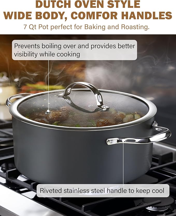 Cooks Standard Classic 7-Quart Stock Pot Dutch Oven Casserole with Glass Lid, Hard Anodized Nonstick Stockpot, Not Induction, Black
