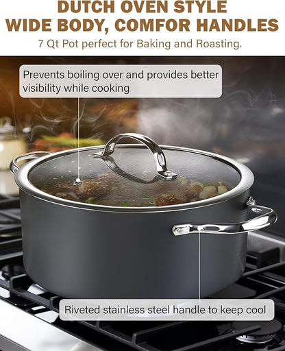 Cooks Standard Classic 7-Quart Stock Pot Dutch Oven Casserole with Glass Lid, Hard Anodized Nonstick Stockpot, Not Induction, Black