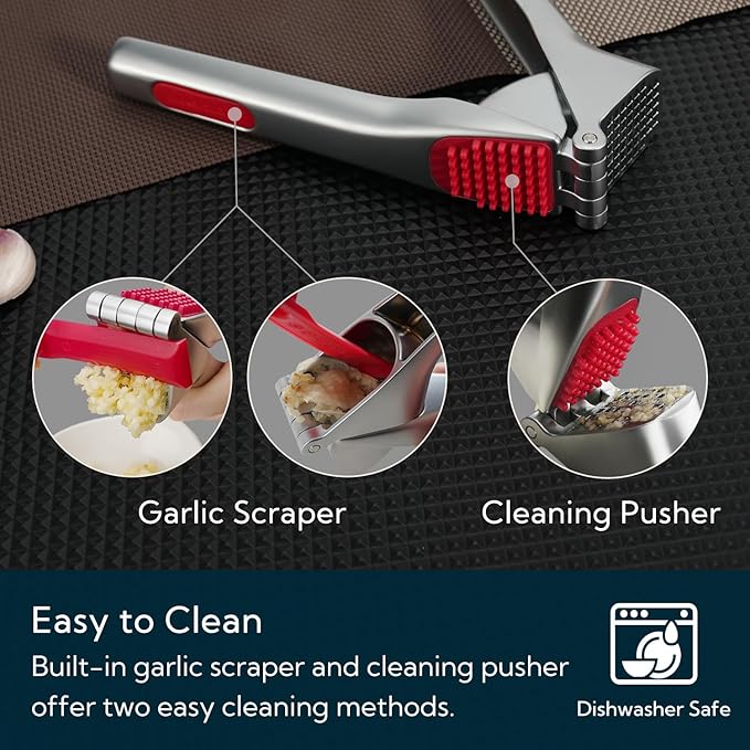 KITCHENDAO Heavy-duty Garlic Press with Built-in Scraper & Cleaning Pusher, No Peeling Garlic Crusher with Large Chamber, Zinc Alloy Garlic Mincer, Dishwasher Safe