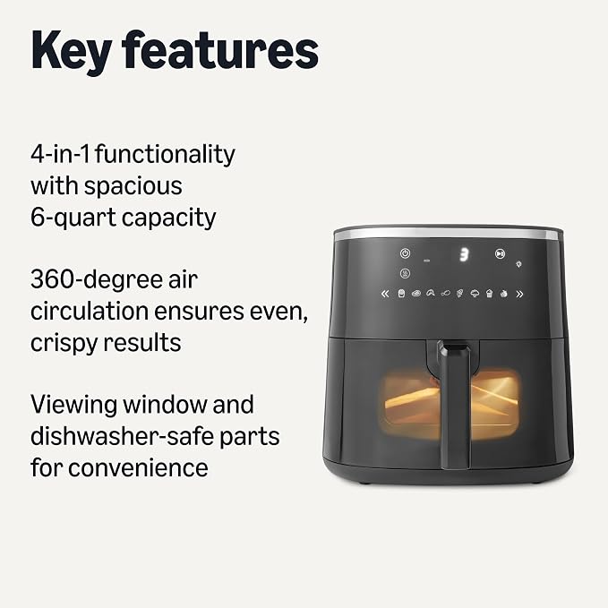 Amazon Basics 6-Quart Air Fryer with Easy View Window, 8 Preset Menus, 1550W, Black