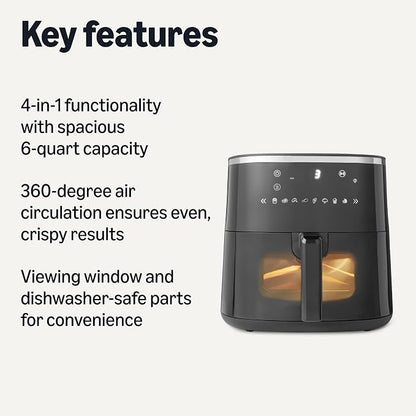Amazon Basics 6-Quart Air Fryer with Easy View Window, 8 Preset Menus, 1550W, Black