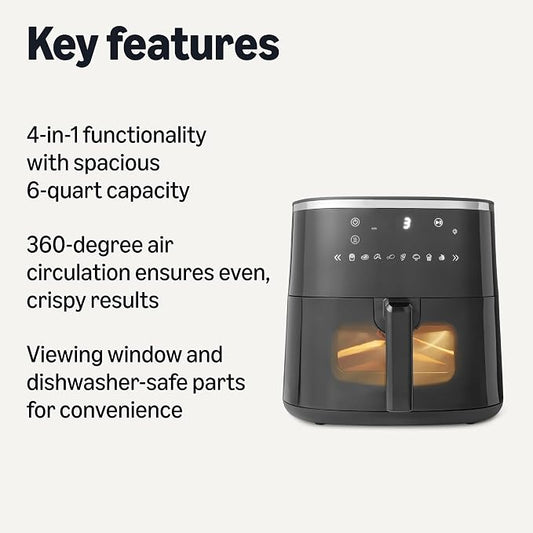 Amazon Basics 6-Quart Air Fryer with Easy View Window, 8 Preset Menus, 1550W, Black