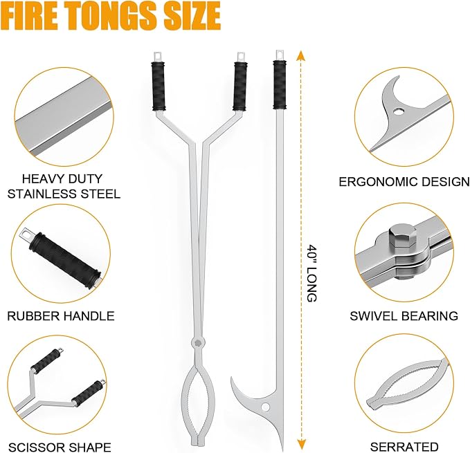 KEESHA 40" Fire Tongs Fire Pit Tongs Set, 40" Fire Poker Set Stainless Steel Log Grabbers Fire Pit Tools Fireplace Tongs for Outdoor Indoor Campfire Picnic Backyard Accessories