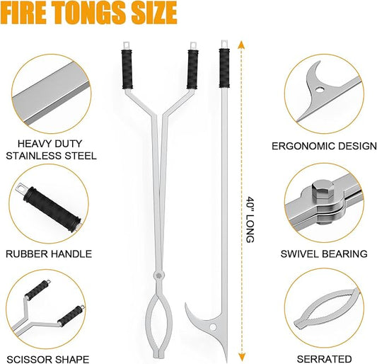 KEESHA 40" Fire Tongs Fire Pit Tongs Set, 40" Fire Poker Set Stainless Steel Log Grabbers Fire Pit Tools Fireplace Tongs for Outdoor Indoor Campfire Picnic Backyard Accessories